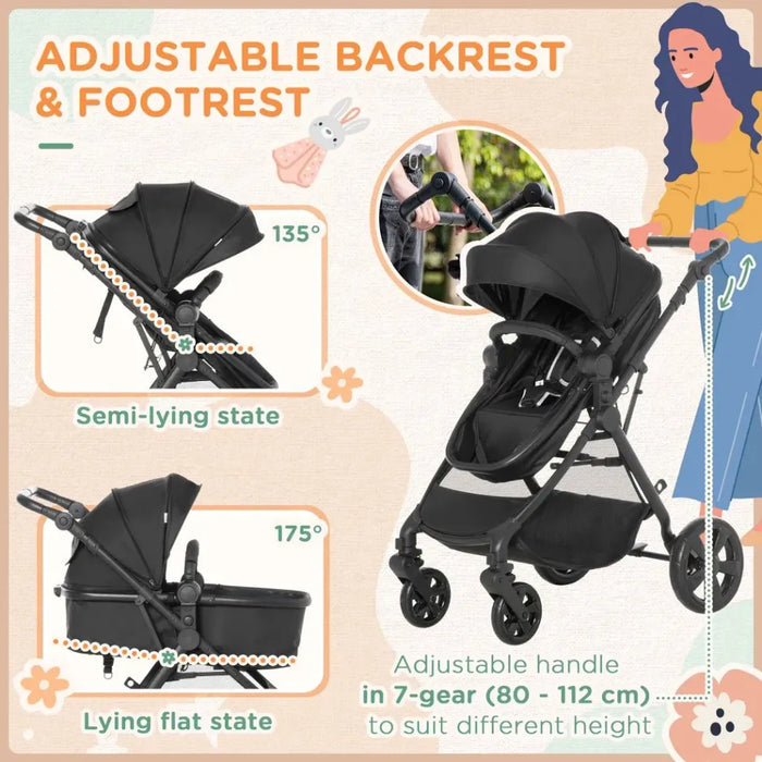 Foldable Baby Pushchair w/ Fully Reclining Backrest From Birth to 3 Years- Black