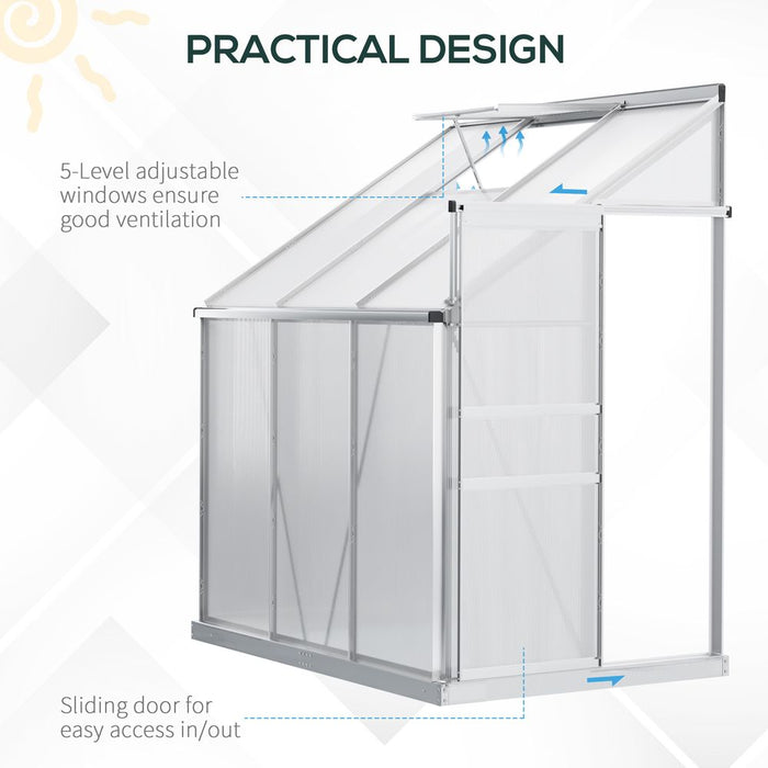 6 x 4ft Polycarbonate Greenhouse Aluminum Roof Vent, Rain Gutter Sliding Door,