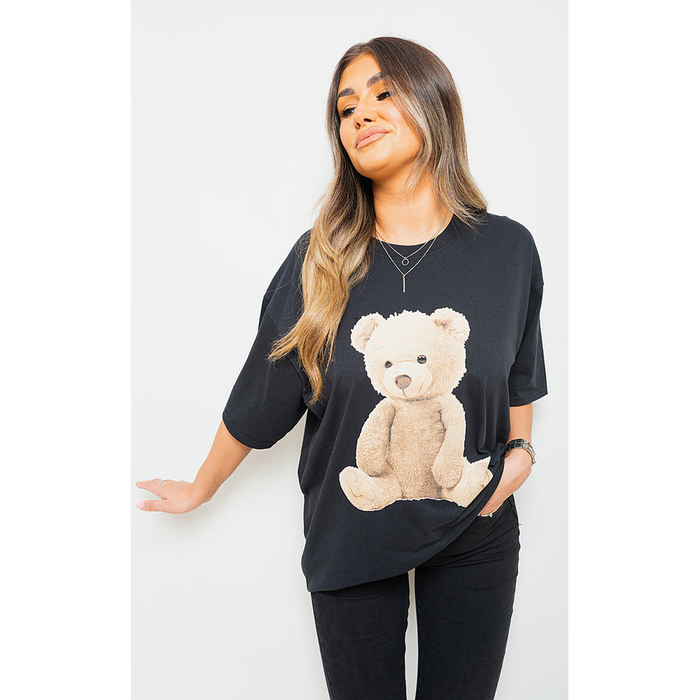 Short Sleeve Teddy Bear Printed Oversized Casual Top