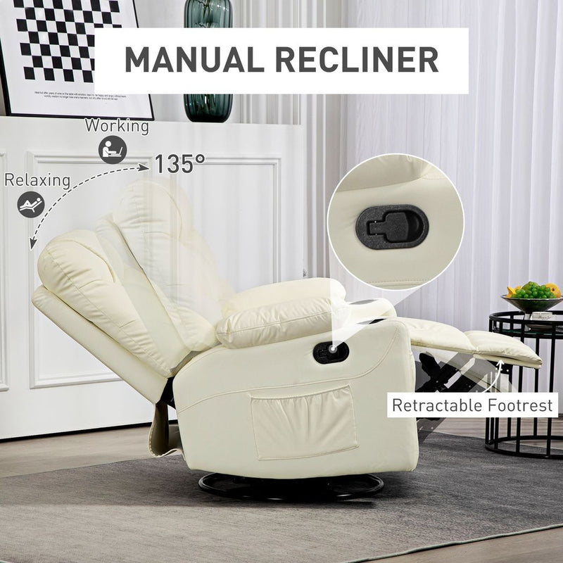 HOMCOM Manual Recliner Chair with Footrest, Cup Holder, Swivel Base, Cream