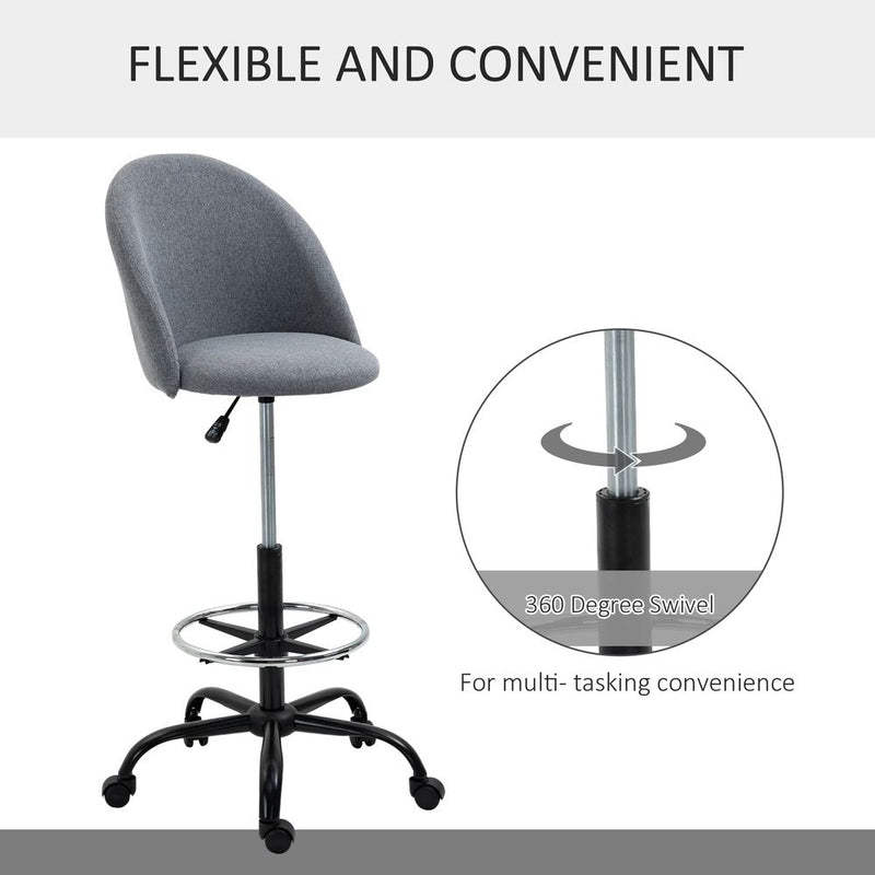 97cm Draughtsman Chair Home Office  5 Wheels Padded Seat Grey Vinsetto