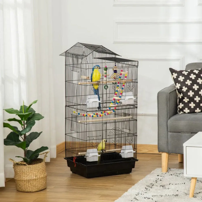 Metal Bird Cage for Budgies, Finches w/ Accessories, Toys, Tray, Handle - Black