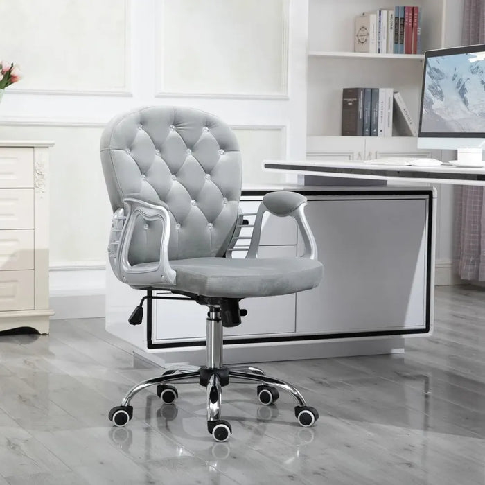 Office Chair Luxury Velour Diamond Tufted Padded Ergonomic 360 Swivel Grey