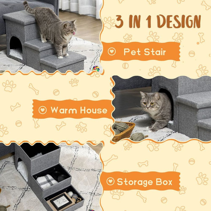 PawHut 3 Step Dog Steps w/ Cat House Storage Boxes - Grey, High-Quality & Multifunctional - Perfect for Beds & Sofas!