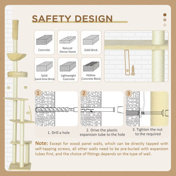 Ultimate Cat Paradise: 6-Tier Floor to Ceiling Cat Tree - Bed, Hammock, Scratching Post (Beige)