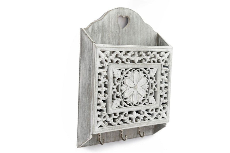 Rustic Grey Wooden 3-Hook Key Holder with Cutout Pattern Shelf