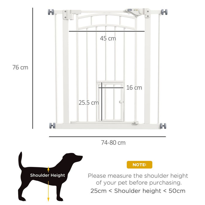 PawHut Pressure Fit Safety Gate - 74-80cm, Dog Gate w/ Small Cat Door Opening