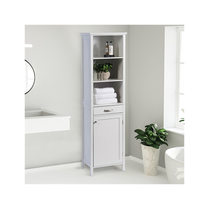 Stylish White Tall Storage Cabinet - Open Shelving, Drawer, Cupboard - High-Quality Timber-MDF - Home Assembly - W47.5cm x D38cm x H170cm