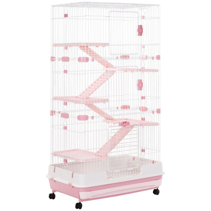 PawHut Pink Small Animal Cage - Indoor Bunny Ferret Chinchilla - 6 Levels - Wheels Tray - 158.6H x 81.2L x 52.7Wcm