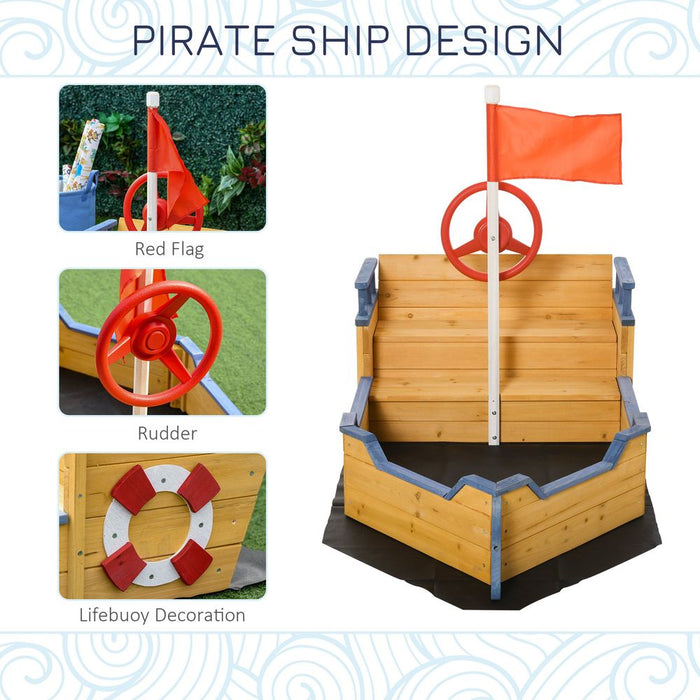 Kids Wooden Sandbox Pirate Ship Sandboat w/ Bench Seat Storage Space