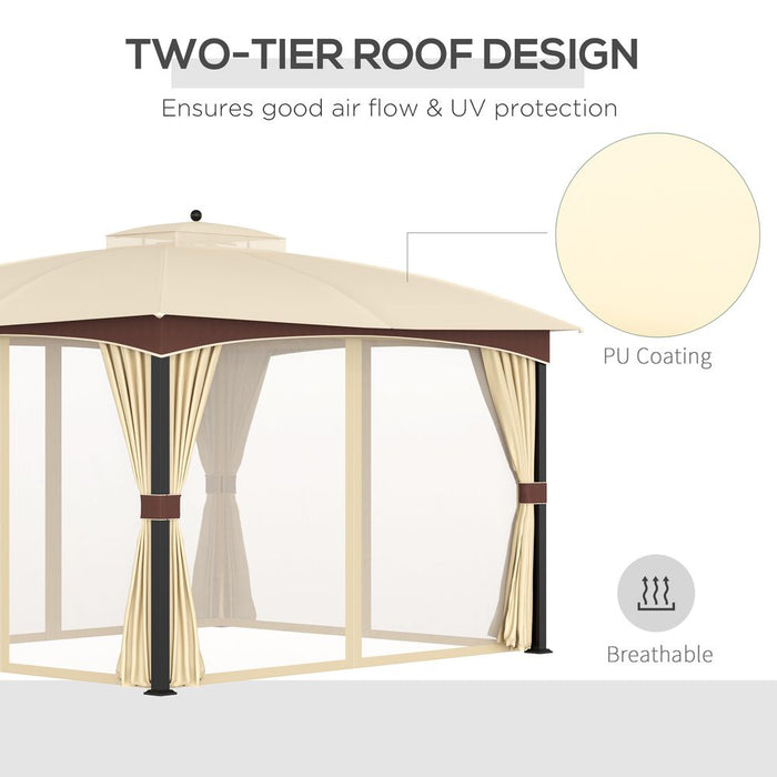 Premium 4x3m Patio Gazebo with Double Tier Roof, Removable Net - Khaki