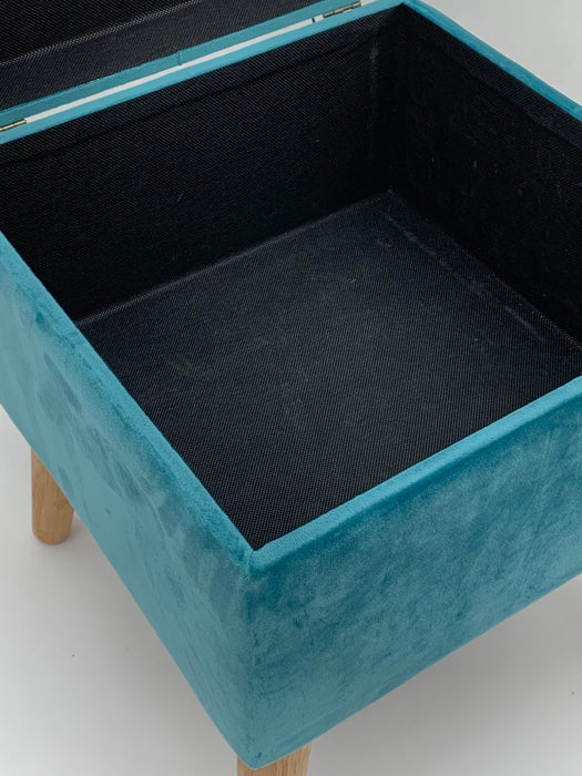 Velvet Footrest Trunk - Blue | Storage Compartment, Wooden Legs