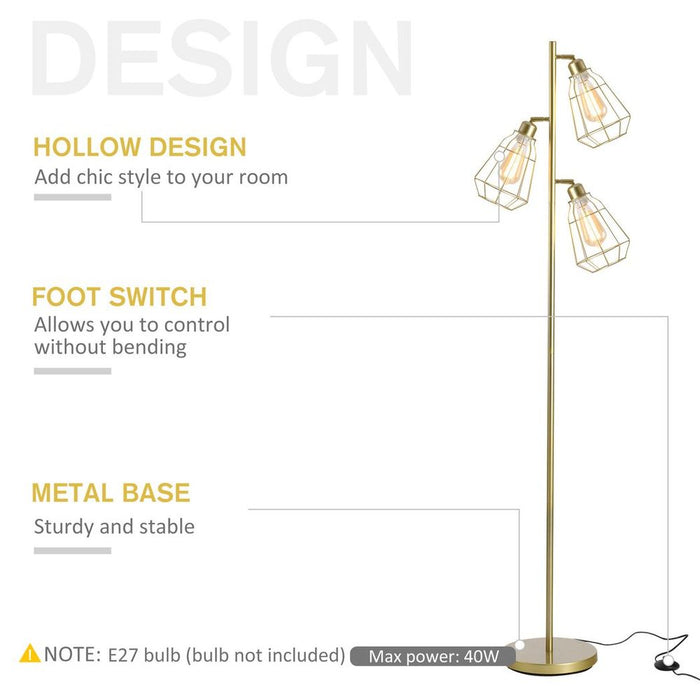 High-Quality Steel Birdcage Floor Lamp - 3 Lights, Round Base & Gold Finish