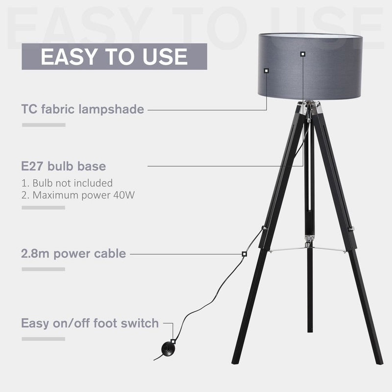 HOMCOM Modern Tripod Floor Lamps for Living Room with Fabric Lampshade, Standing Lamp for Bedroom, (Bulb not Included), Grey and Black