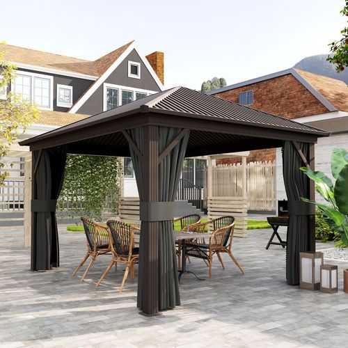 Outsunny 3.6 x 3(m) Metal Garden Hardtop Gazebo with Screened Curtain Dark Grey