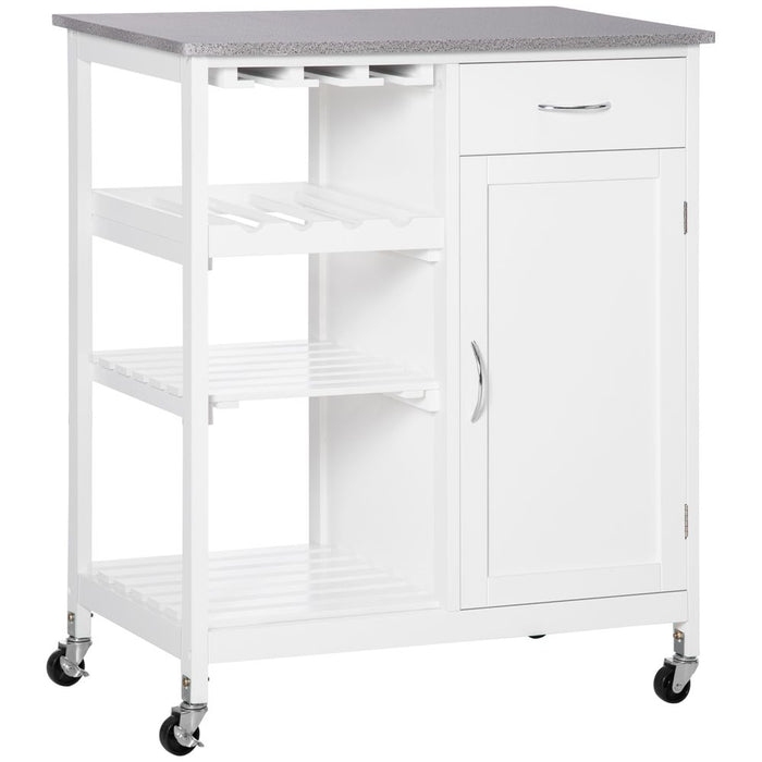 Kitchen Trolley Utility Cart on Wheels with Wine Rack, Drawer, Open Shelf White