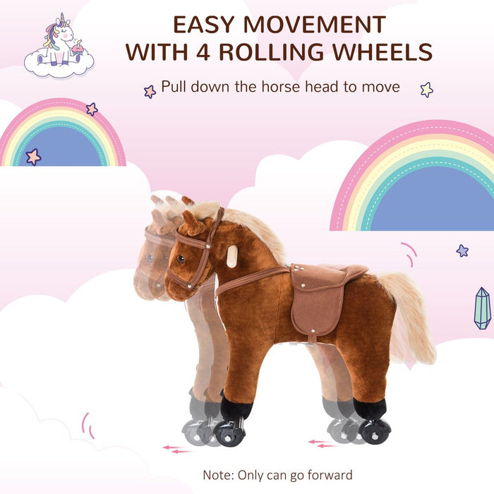 HOMCOM Rocking Horse Kids Ride on Walking Horse Animal Pony Wheeled Riding Plush Toy w/Sound for 3 Years and Up (Brown)