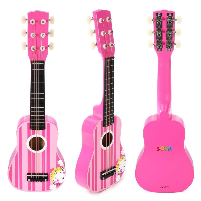 SOKA Wooden Pink Striped Guitar - Pretend Play Music Toy for Children - Ages 3+. High-Quality & Interactive Gift for Kids!