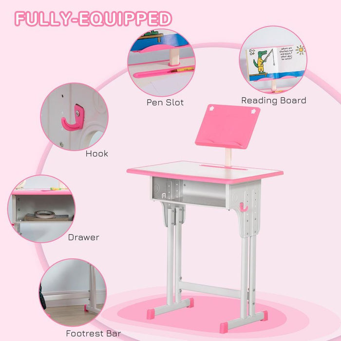 Kids Desk and Chair Set w/ Drawer, Book Stand, Cup Holder, Pen Slot, Pink