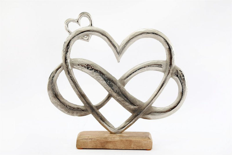 Stylish Metal Silver Entwined Hearts On Wooden Base - Large