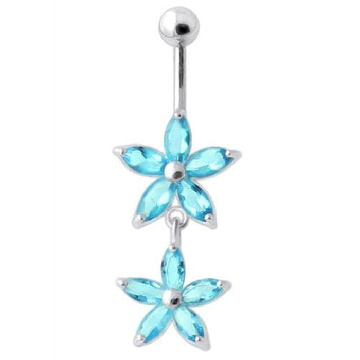 Jeweled Multi Flower Silver Dangling Belly Button Ring