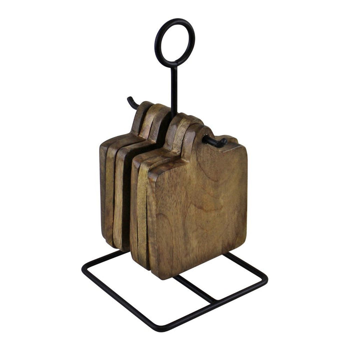 Rustic Set: 6 Mango Wood Coasters on Metal Stand