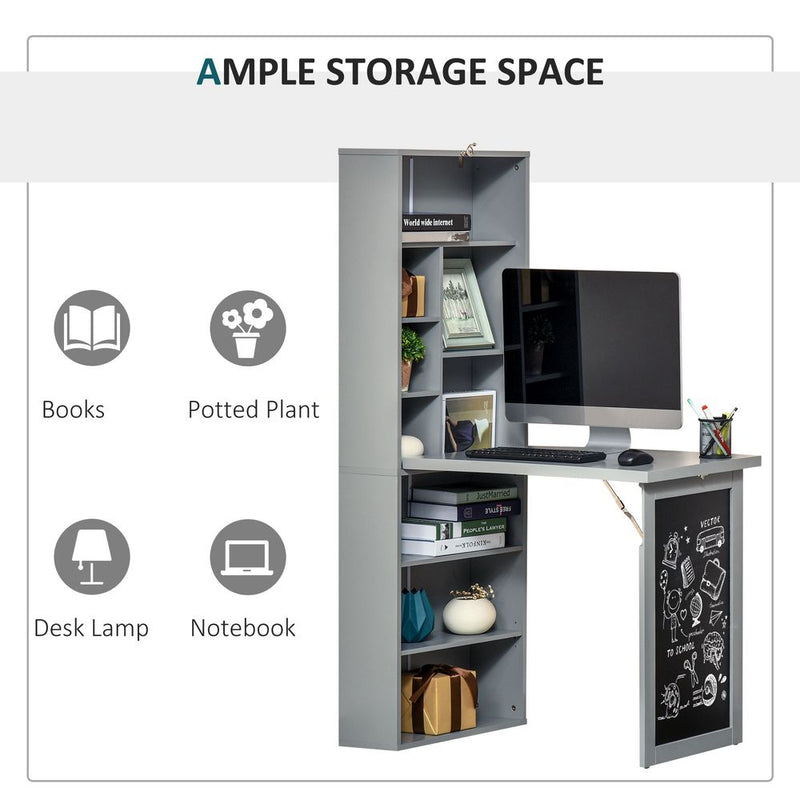 HOMCOM Fold-out Convertible Writing Desk Wall Mount Cabinet with Blackboard and Side Shelf Multi-Function Home Office Workstation, Grey 98 x 51 cm