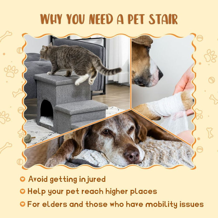 PawHut 3 Step Dog Steps w/ Cat House Storage Boxes - Grey, High-Quality & Multifunctional - Perfect for Beds & Sofas!