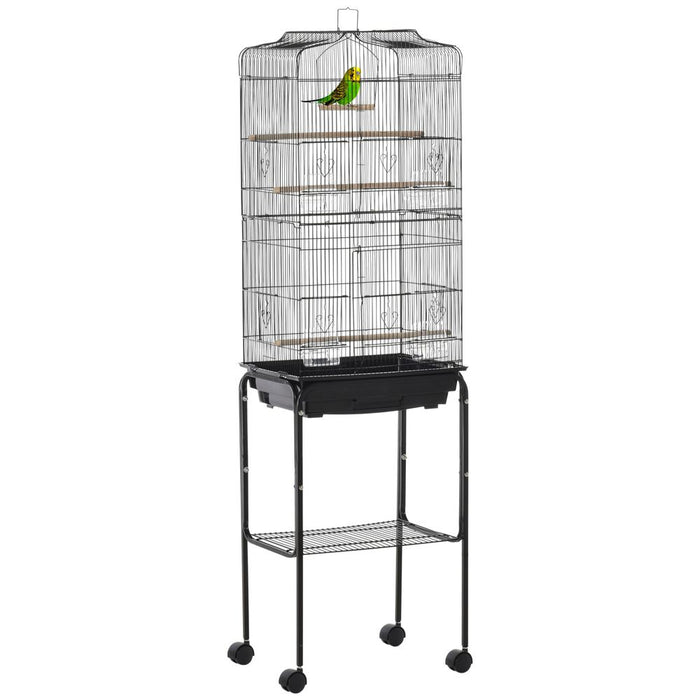 Bird Cage Metal Budgie Cages W/ Rolling Stand Slide-out Tray Storage Shelf Black