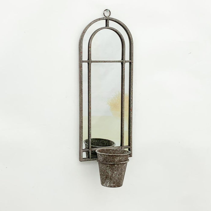 Premium 64CM Wall Mirror with Single Planter: Antique Finish, Distressed Metal - Durable & Stylish