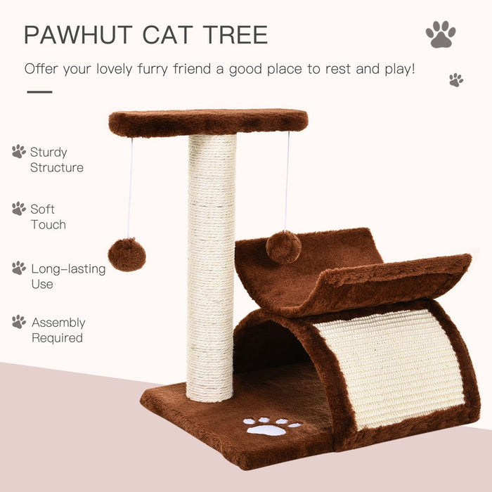 PawHut Cat Tree, Cat Tower for Kittens, Small Cat Condo with Rotatable Top Bar, Sisal Scratching Post, Tunnel, Dangling Balls - Brown