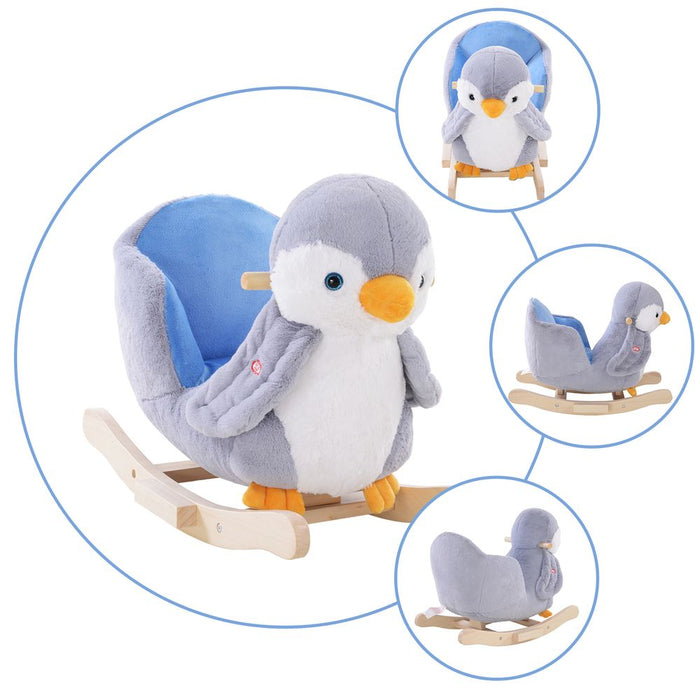 Animal Baby Rocking Horse Penguin Plush Musical Button - 32 Songs, Wood Frame