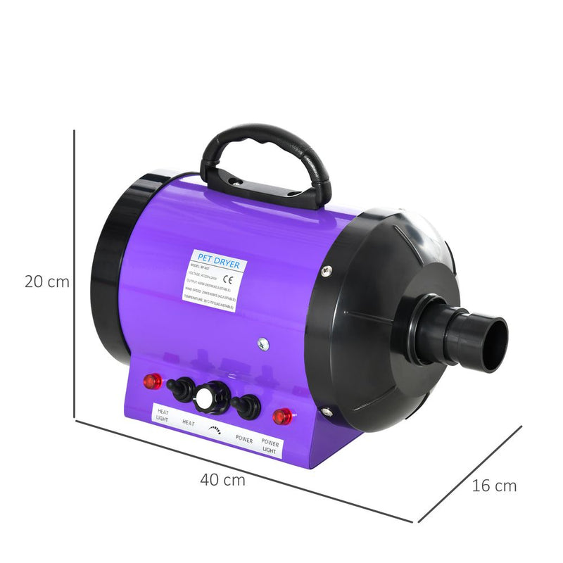 PawHut 2800W Dog Dryer Blaster Pet Grooming Hair Dryer Blower Adjustable Temperature Speed with 2.1M Flexible Hose 3 Nozzles - Purple