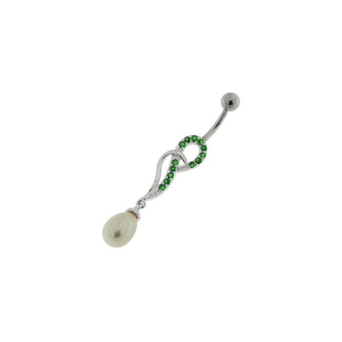 Jeweled Fancy Pearl Silver Dangling Curved Bar Belly Ring