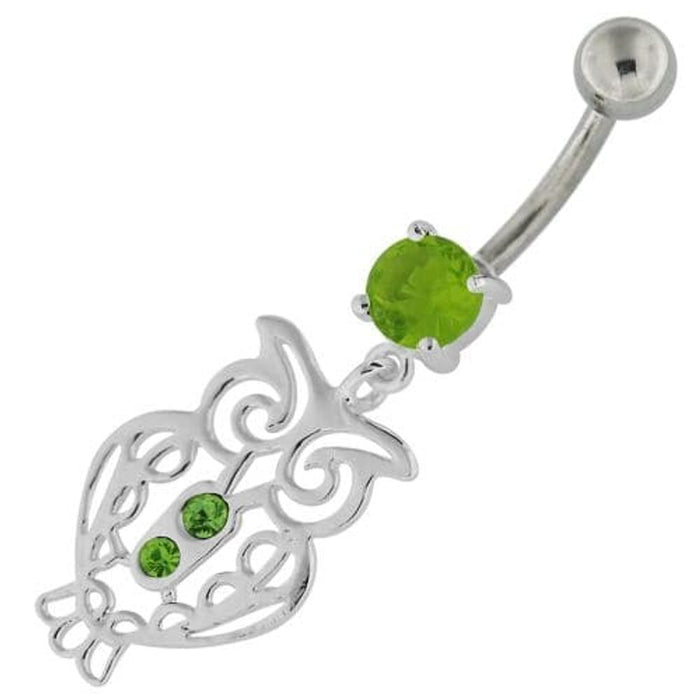 Sterling Silver Jeweled Owl Navel Belly Button Bar