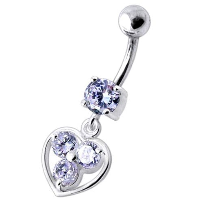 Jeweled Silver Heart Dangling SS Curved Bar Banana Belly Ring