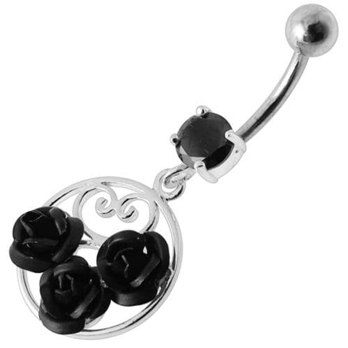 Fancy Multi Jeweled  ROSES Dangling Banana Bar Belly Ring