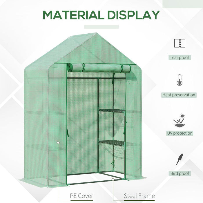 Portable Walk-In Greenhouse: 2-Tier Shelf, Roll-Up Door, PE Cover, 141x72x191cm, Green