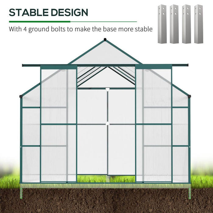 Outsunny 8 x 12ft Aluminium Greenhouse Polycarbonate Walk-in Garden Greenhouse Kit with Adjustable Roof Vent, Double Sliding Door, Rain Gutter and Foundation, Clear