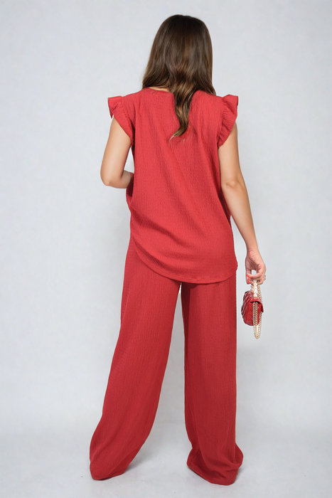 Effortlessly Elegant Ruffle Trim Top and Wide Leg Trouser Co-ord Set