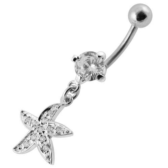 Jeweled Silver Fancy Star Dangling SS Banana Belly Ring 