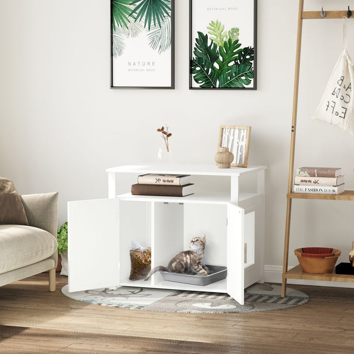 2-in-1 Cat Box Side Table - White, Magnetic Door, Quality Design