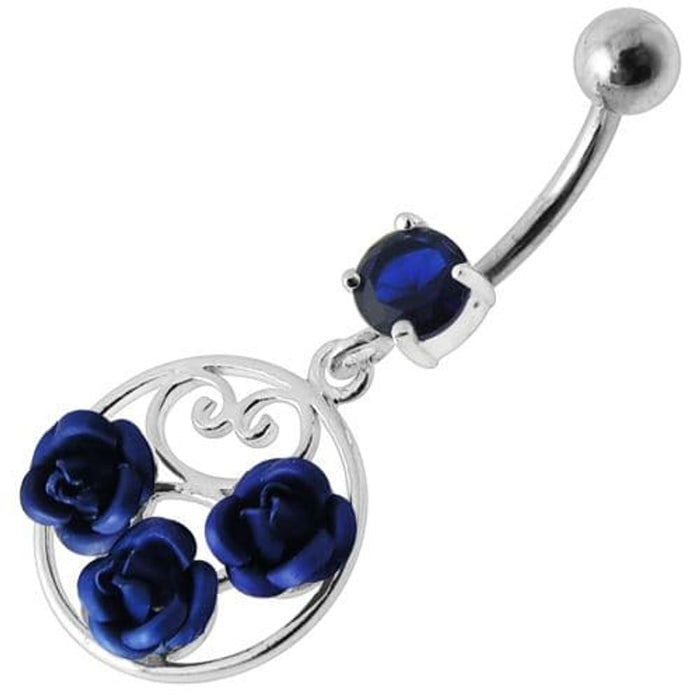 Fancy Multi Jeweled  ROSES Dangling Banana Bar Belly Ring