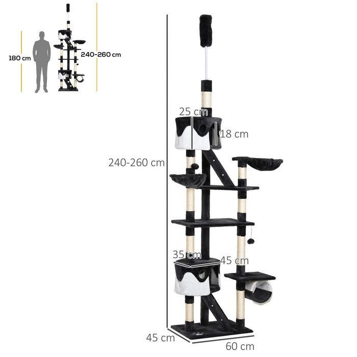 PawHut Floor to Ceiling Cat Tree, 240-260cm Adjustable Height Cat Tower with Scratching Posts, Cat Houses, Ramps, Hammocks, Toy Balls, Tunnel for Indoor Cats - Black