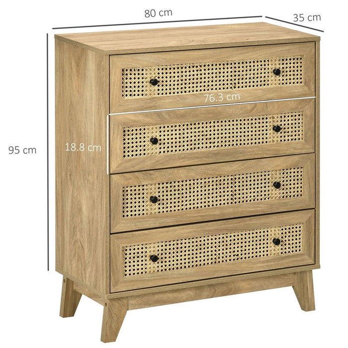 Rattan Chest of Drawers 4-Drawer Dresser Storage Cabinet Bedroom, Wood Effect