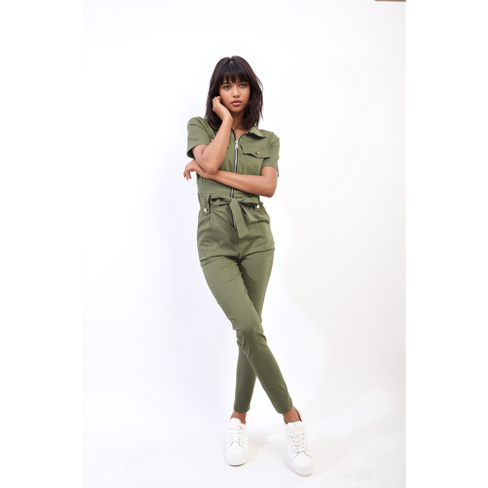 Adeline Collared V-Neck Zip Jumpsuit with Tie Belt: Stylish, Versatile, and Comfortable