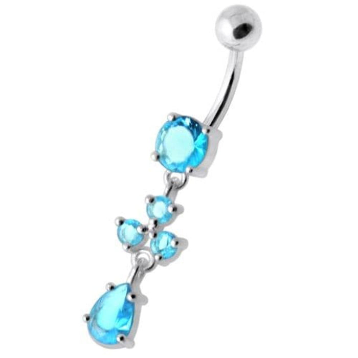 Tri Round Jeweled Dangling Silver Belly Bar