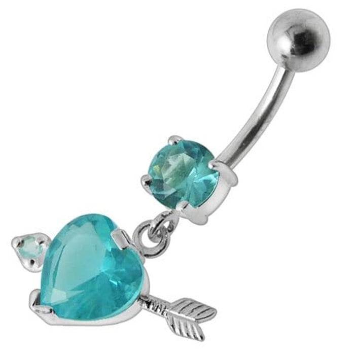 Fancy Jeweled Arrow Heart Dangling Banana Bar Belly Ring