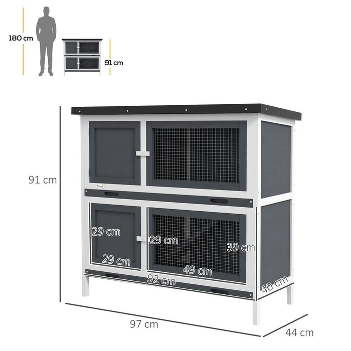 PawHut Double Decker Rabbit Hutch Bunny Cage, Grey - Outdoor Pet House with Tray - High Quality, Easy Access, Durable Design