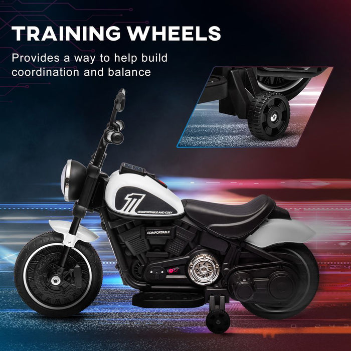 6V Electric Motorbike w/ Training Wheels, One-Button Start, Headlight - White